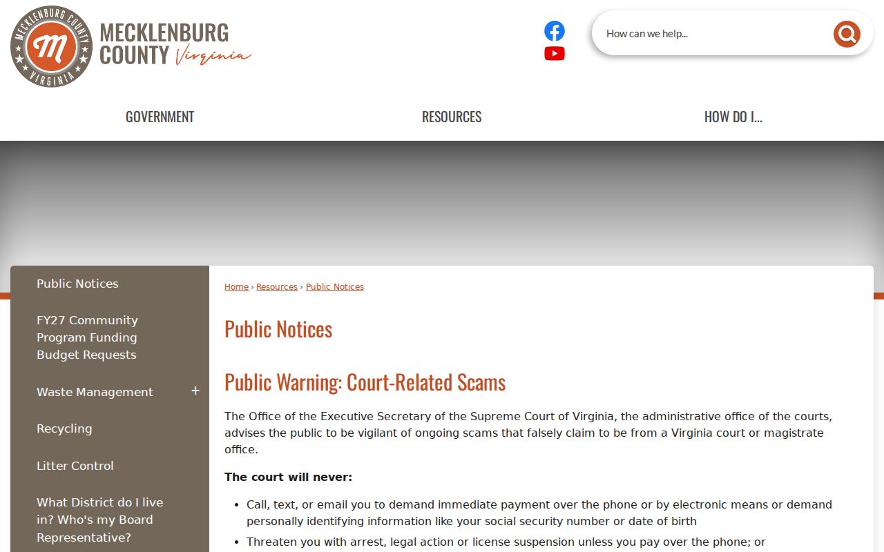 Mecklenburg County warrant records public notice about fake court payment calls