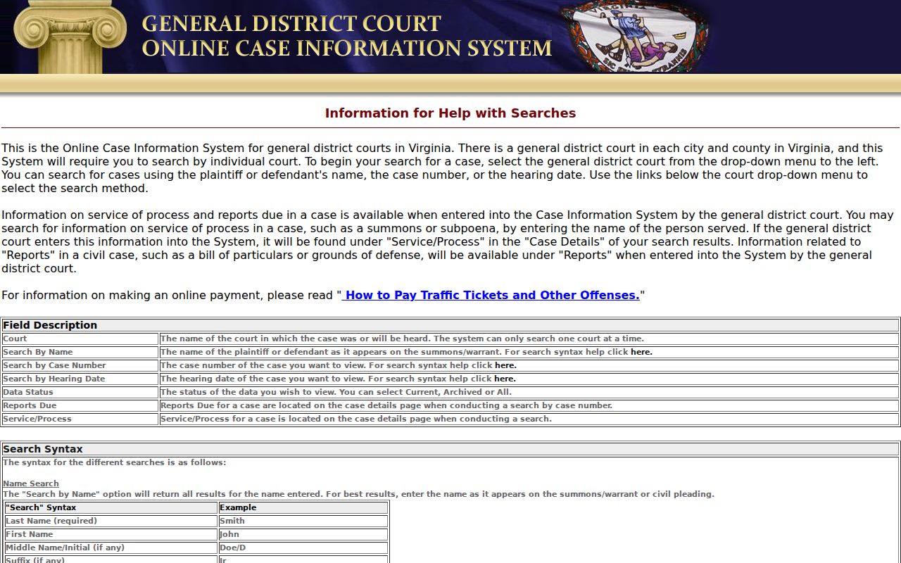 Mecklenburg County warrant search reference showing General District Court search fields